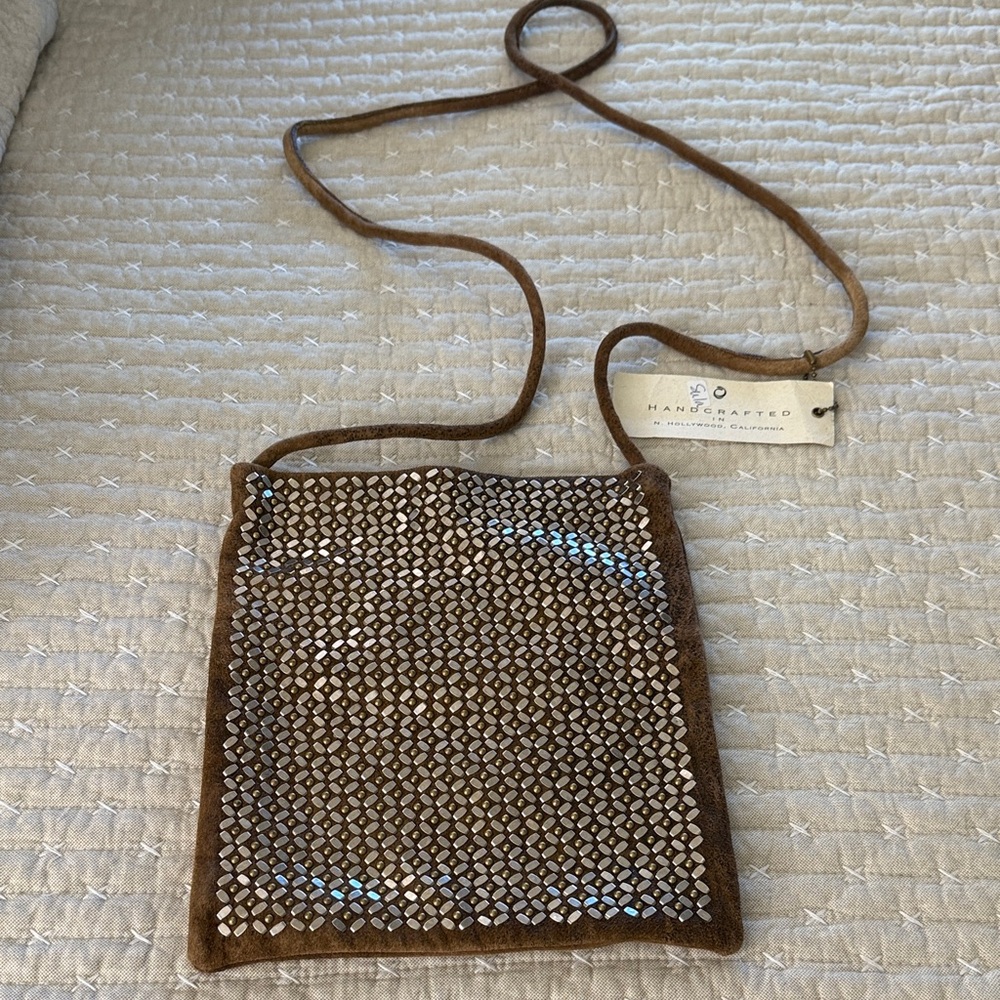 Silver Embellished Brown Suede Crossbody Bag New